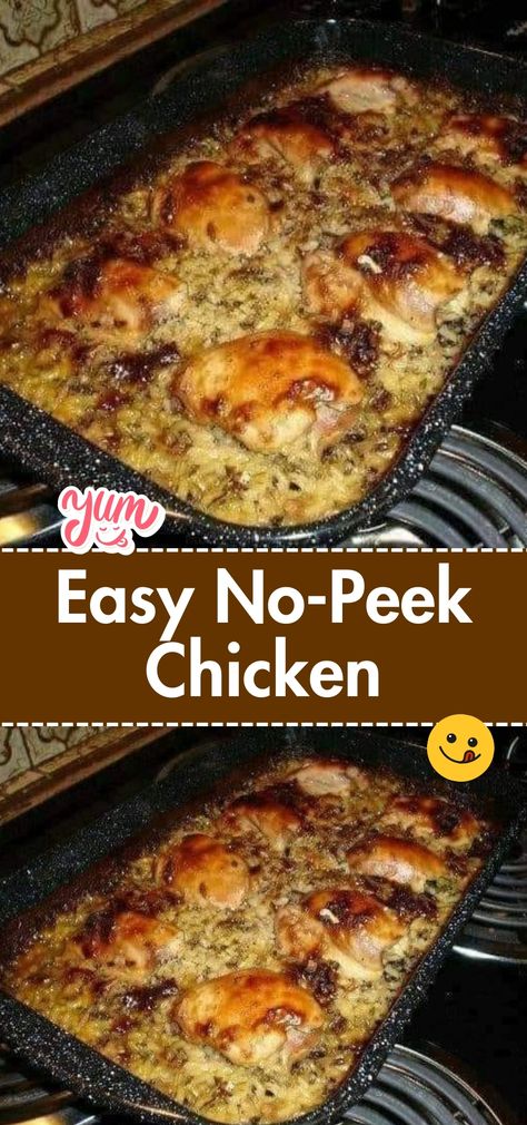 No-Peek Chicken and Rice – super easy dinner recipe! Chicken breasts, rice, cream of chicken soup, cream of mushroom soup, chicken broth, onion soup m... Baking Chicken, No Peek Chicken, No Peek, Ww Dinner, Ww Food, Dorm Food, Uncle Ben, Ww Meals, Can Water