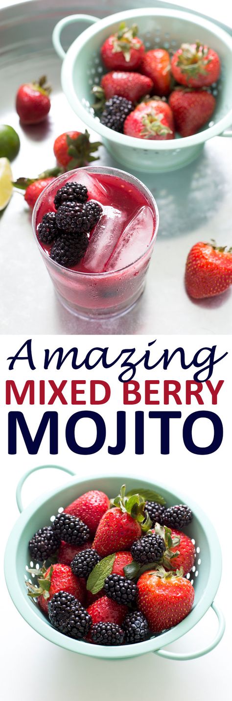 Mixed Berry Mojito made with fresh blackberries, strawberries, mint, lime and rum. Super refreshing and perfect for summer. Takes less than 5 minutes to make! | chefsavvy.com #recipe #mojito #berry #mint #cocktail #drink Berry Mojito Recipe, Berry Mojito, Easy Summer Cocktail Recipes, Chef Savvy, Whiskey Recipes, Pumpkin Coffee Cakes, Gin Recipes, Mojito Recipe, Easy Drink Recipes