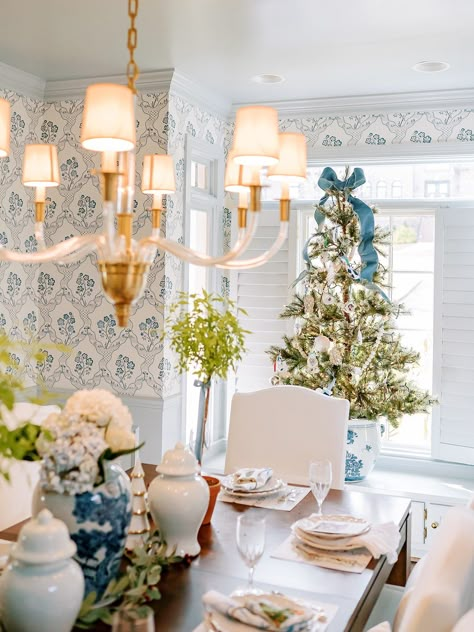 Christmas Home Tour - Chapple Chandler Blog Grandmillenial Style Christmas Tree, Entry Table With Pictures Above, Grandmellinial Dining Room, Grandmillenial Style Christmas, Charleston Christmas Decorations, Grand Millennial Christmas Decor, Grandmillenial Christmas Decorations, Southern Christmas Decor, Christmas Sunroom