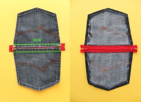 Upcycle Craft: Pochette de poche portable | Mon Poppet fait Denim Pocket Purse, Denim Pocket Crafts, Refashion Denim, Jean Pocket Purse, Blue Jean Purses, Recycled Jeans Bag, Pocket Craft, Denim Bag Diy, Denim Bag Patterns