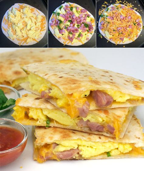 Making Ham & Cheese Breakfast Quesadillas Ham Cheese Breakfast, Breakfast Quesadillas, Breakfast Quesadilla, Eggs Recipes, Cheap Clean Eating, Cheese Breakfast, Traditional Breakfast, Breakfast Party, Ham Cheese