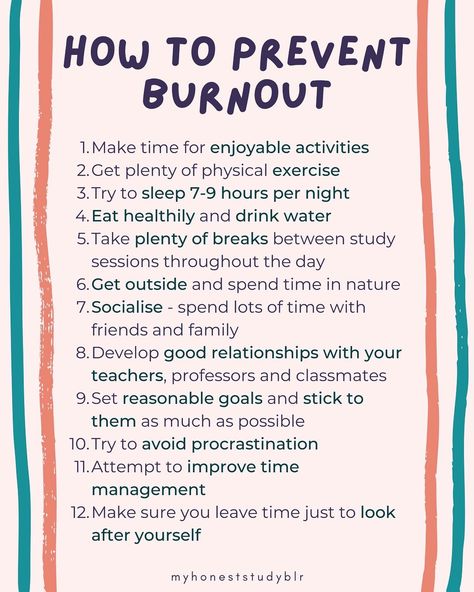 🤕 how to deal with burnout 🤕 • QOTD: do you have any exams coming up? • 💾 𝙎𝙖𝙫𝙚 𝙖𝙣𝙙 𝙨𝙝𝙖𝙧𝙚 𝙩𝙝𝙞𝙨 𝙥𝙤𝙨𝙩 𝙛𝙤𝙧 𝙧𝙚𝙛𝙚𝙧𝙚𝙣𝙘𝙚 𝙖𝙣𝙙 𝙩𝙤 𝙝𝙚𝙡𝙥 𝙚𝙣𝙜𝙖𝙜𝙚𝙢𝙚𝙣𝙩! (𝙖𝙣𝙙 𝙛𝙤𝙡𝙡𝙤𝙬 @myhoneststudyblr 𝙛𝙤𝙧 𝙢𝙤𝙧𝙚!) • ⬅️ 𝙨𝙬𝙞𝙥𝙚 𝙩𝙤 𝙨𝙚𝙚 𝙢𝙮 𝙩𝙞𝙥𝙨 • Lots of people have struggled with burnout and I think we can all agree that it’s not very nice! I hope that this post helps you understand burnout more and gives you some strategies to prevent and then recover from it! • 𝐖𝐇𝐀𝐓’𝐒 𝐂𝐎𝐕𝐄𝐑𝐄𝐃 [🤔] What is burnout? —> Burnout is a negative emotiona... How To Deal With Procrastination, How To Avoid Burnout At School, Overcoming Burnout Tips, How To Deal With Burnout, How To Recover From Burnout, Burnout Motivation, College Burnout, Anti Burnout, Burnout Prevention