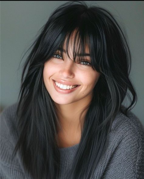 Med Length Hair With Bangs Medium Layered, Layers Black Hair Medium, Side Bangs Layered Hair Medium, Hair Side Part Hairstyles, Short Haircut For Black Hair, Hair Styles With Layers Medium, Wolf Haircut Fine Hair, Black Shoulder Length Hair With Layers, Long Length Hair With Bangs