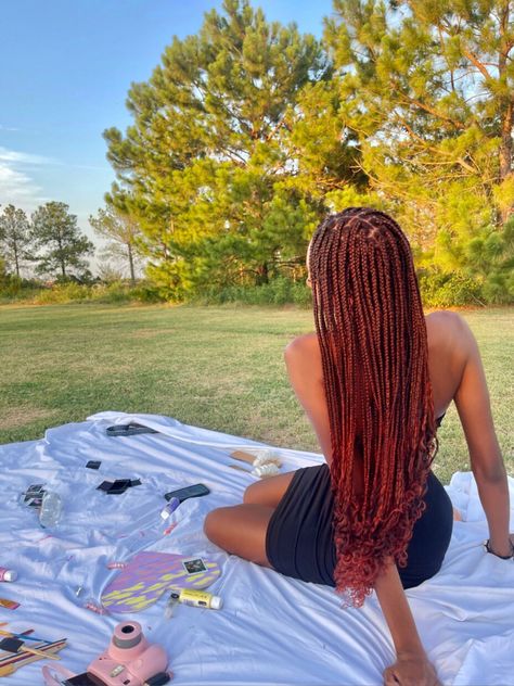 Copper Red Goddess Braids, Copper Red Braids, Red Ombre Braids, Fall Box Braids, Copper Box Braids, Burgundy Box Braids, Red Box Braids, Black Red Hair, Ombre Braid