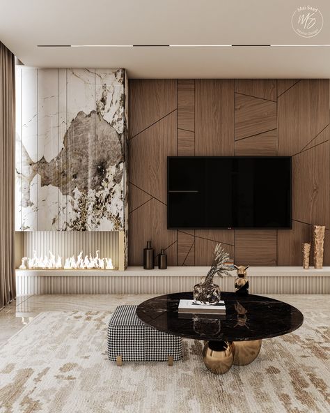 Tv Unit With Fireplace, Ruang Tv Modern, Tv Unite, Luxury Reception, Ruang Tv, Modern Tv Room, Feature Wall Living Room, Modern Tv Wall, Home Hall Design