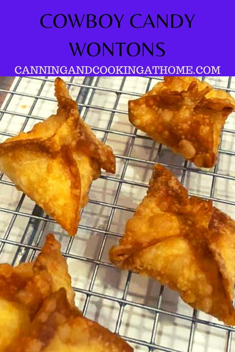 Jazz up the plain cream cheese wonton by adding some wonderful candied jalapenos. Candied Jalapeno Appetizers, Recipes Using Candied Jalapenos, Pickle Wontons, Candied Jalapeno Recipes Appetizers, Jalapeno Recipes Appetizers, Jalapeno Appetizer, Pickled Sweet Peppers, Deep Fried Recipes, Cowboy Candy