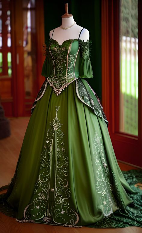 Green Medieval Dress Aesthetic, Green Fantasy Dress, Ball Gown Medieval, Green Ball Gown, Fairytale Gown, Old Fashion Dresses, Fantasy Dresses, Royal Dresses, Fantasy Gowns