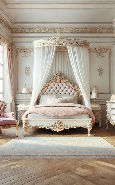 A minimalist Rococo-style bedroom featuring a canopy bed with intricate detailing, a vintage dresser, and a tufted armchair. The room includes decorative moldings, a chandelier, and large windows with sheer curtains. The color palette consists of delicate shades of pink, cream, and gold, creating a luxurious and romantic atmosphere. French Country Bedrooms Romantic, Rococo Bedroom, Rococo Interior Design, Rococo Design, Rococo Interior, Tufted Armchair, French Country Bedrooms, Vintage Dresser, Cozy Room Decor