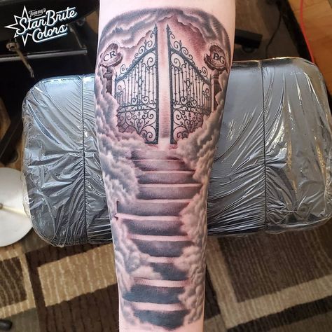 Heaven Gates Tattoo Design Forearm, Heaven Forearm Tattoo, Stairway To Heaven Tattoo Forearm, Gateway To Heaven Tattoo, Heavens Gate Tattoo Design, Stair Way To Heaven Tattoo, Stairway To Heaven Tattoo Sleeve, Stairway To Heaven Tattoo Stencil, Staircase Tattoo Design