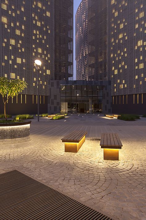 Gallery of Mondeal Square in Ahmedabad / Blocher Blocher India Pvt. Ltd. - 3 Bench Lighting, External Design, Parking Tiles, Landscape Lighting Design, Urban Design Concept, Architectural Lighting Design, Outdoor Landscape Lighting, Urban Lighting, Urban Furniture