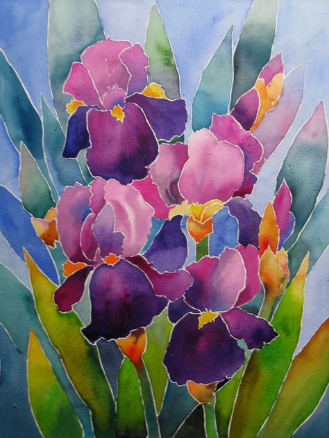 Stained Glass Iris, Everyday Painting, Iris Art, Iris Painting, Batik Art, Watercolor Flower Art, Silk Art, 수채화 그림, Watercolor Flowers Paintings