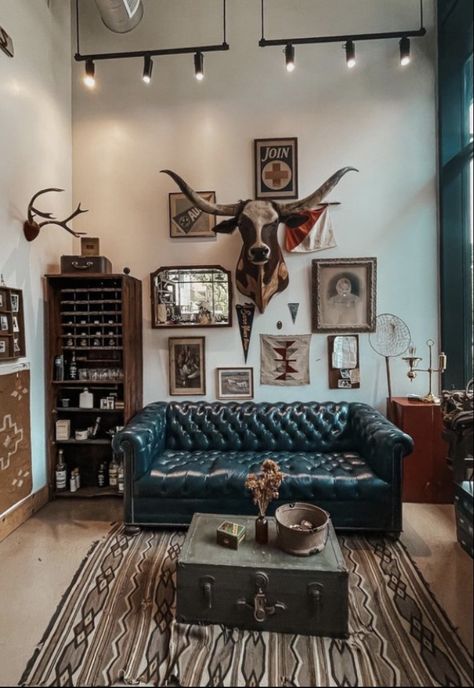 Chelsea Houska Living Room, Cowboy House Decor Rustic, Western Vintage Living Room, Cowboy Theme Living Room, Dark Country Decor, Eclectic Western Living Room, Western Boho Office Decor Ideas, Maximalist Western Decor, Austin Texas Interior Design