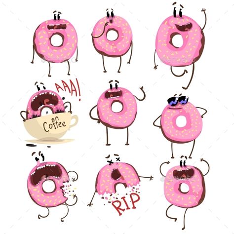 Funny pink donut cartoon character set, cute doughnut with different emotions vector Illustrations on a white background Donut Illustration Cute, Donut Character Design, Bagel Cartoon, Bakery Character, Bakery Mural, Doughnut Cartoon, Doughnut Illustration, Bunny Donut, Donut Character