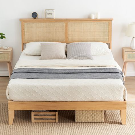 Bay Isle Home Stavern Mid Century Natural Platform Bed & Reviews | Wayfair Rattan Bed Frame, Rattan Bed, Full Size Platform Bed, Rattan Headboard, Wooden Platform Bed, Full Size Bed Frame, Full Bed Frame, Wooden Headboard, Queen Size Bed Frames