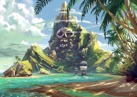 Pirate Bay Concept Art, Dnd Island Art, Pirate Landscape, Pirates Concept Art, Fantasy Pirate Art, Island Fantasy Art, Concept Art Ideas, Island Concept Art, Pirate Cove