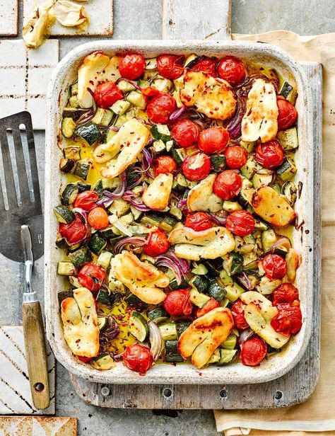 Delicious Veggie Meals, Mediterranean Tray Bake, Tray Bake Meals, Tray Bakes Dinner Vegetarian, Vegetarian Recipes Dinner Winter, One Tray Vegetarian Meals, Halloumi Vegetable Tray Bake, Halloumi Tray Bake Recipes, Halloumi Bake Recipes