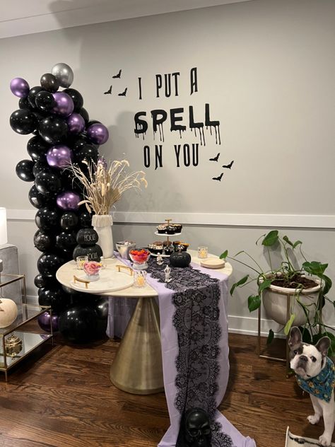 Halloween party Purple Halloween Party Decorations, Black Silver Purple Halloween Party, Purple Halloween Party, Purple And Black Halloween Birthday Cake, Halloween Decorations Purple And Black, Classy Halloween Party, Halloween Invitations Purple, Halloween Bridal Showers, Halloween Purple