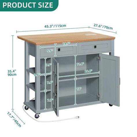 Modern Rolling Kitchen Island with Drop Leaf and Charging Station, Grey Blue Diy Small Kitchen Island, Kitchen Island Cabinet, Moveable Kitchen Island, Moveable Island, Kitchen Island With Drop Leaf, Beverly House, Wooden Kitchen Storage, Americana Kitchen, Island Cabinet