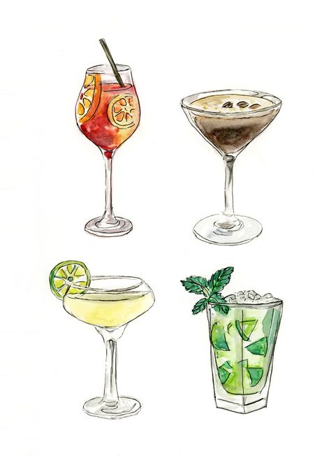 Gimlet, Cocktail Art, Cat Air, 수채화 그림, Espresso Martini, Aperol Spritz, Art Collage Wall, Kitchen Art, Watercolor And Ink