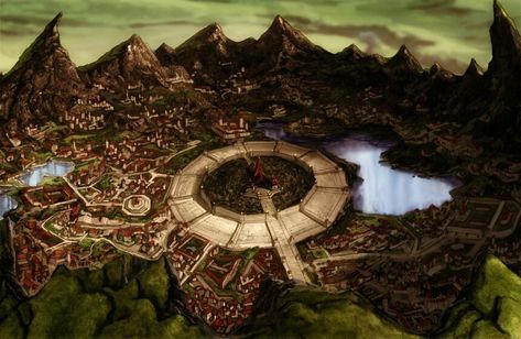 Fire Nation Capitol, Avatar the Last Airbender.  Caldera city. Avatar Book, Avatar: The Last Airbender, Water Tribe, Avatar Series, Avatar Cartoon, Rpg Map, Team Avatar, Fire Nation, Avatar Airbender