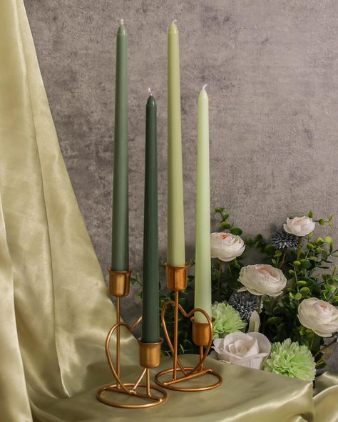 Aesthetic Home Decor - Table Decor - Christmas Decor - Aesthetic Christmas Candle Green Candle Sticks, Joanna Gaines Inspired Design, Green Candlesticks, Green Taper Candles, Magnolia Inspired Home, Mantle Candles, Colored Taper Candles, Blue Taper Candles, Dinner Christmas