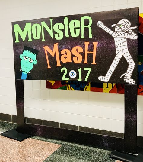 Monster Mash Backdrop Halloween Party Ideas School Dance Themes, Monster Mash Party, Kids Night Out, Monster Decorations, Halloween Dance, Dance Themes, Halloween Party Ideas, Halloween Backdrop, Halloween Preschool