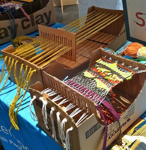 The link on this doesn't work, but I thought the picture on this may help those of you that pinned the pin about making a loom. Here is how to make looms out of boxes. Weaving Sticks Projects Ideas, Weaving Ideas, Weaving Projects, Contemporary Crafts, Art Textile, Loom Weaving, Loom Knitting, Diy Projects To Try, Yarn Crafts