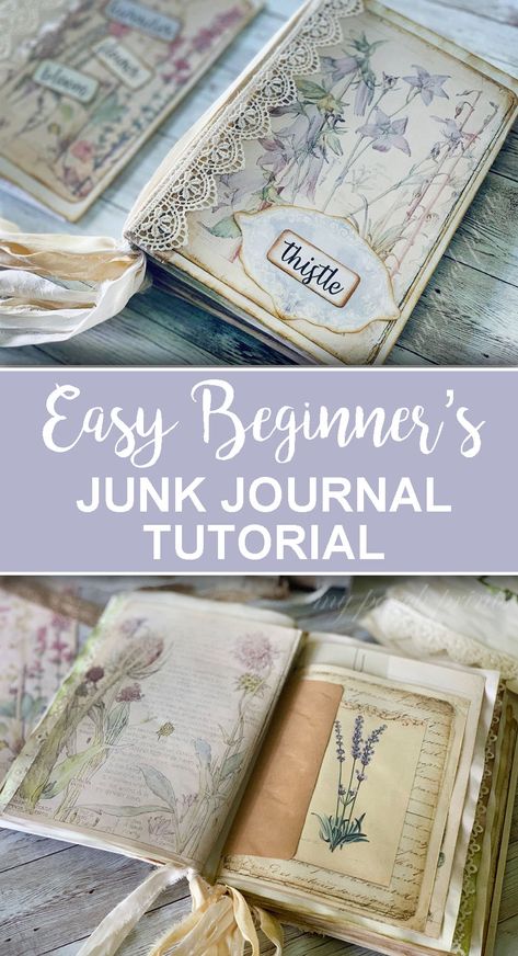 Make your first ever junk journal! It's easy with this no-sew journal tutorial from My Porch Prints! Treasure Books Tutorials, How To Make A Junk Journal For Beginners, Scrapbook Junk Journal, Art Journaling For Beginners, Junk Journal Prompts, Junk Journal Tutorial, Fabric Junk Journal, Junque Journal, Diy Junk Journal