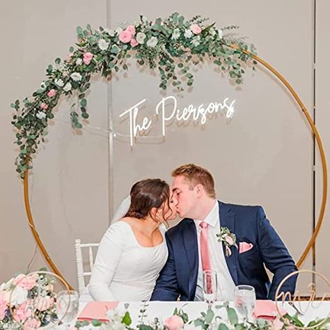 Arch With Neon Sign Wedding, Circle Arch With Neon Sign, Wedding Arch With Neon Sign, Light Up Name Sign, Last Name Neon Sign, Head Table Backdrop, Arch Light, Table Backdrop, Photo Booth Backdrop Wedding