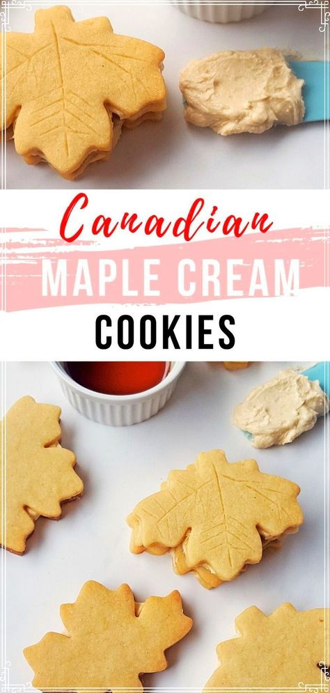 These Maple Cream Cookies are a real Canadian delicacy! My easy recipe uses maple syrup in both the shortbread and the maple cream layer. Try them once and you will never get them storebought again! They really are the best Maple Leaf cookies ever! Make them for Canada Day Canada Day Food, Maple Cookies Recipe, Maple Syrup Cookies, Maple Desserts, Canadian Dessert, Maple Leaf Cookies, Canadian Dishes, Canadian Christmas, Maple Cookies