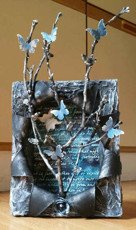 Mixed Media Art - 3D Canvas by Heather's Craft Studio Ideas For Painting, Box Assemblage, Mixed Media Diy, Mixed Media Art Canvas, Mixed Media Crafts, Blue Butterflies, Soyut Sanat Tabloları, Art Mixed Media, Mixed Media Artwork