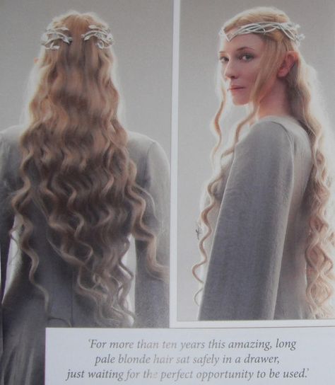 Galadriel's hair. Super cool story, if you ever get your hands on 'the making of The Hobbit' book. :) Galadriel The Hobbit, Lord Of The Rings Hairstyles, Galadriel Hair, Galadriel Crown, Hobbit Hair, Galadriel Cosplay, Lady Galadriel, Elven Hairstyles, Hobbit Book