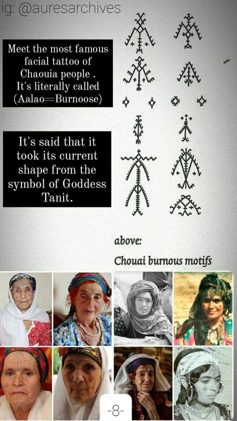 A short yet educative thread about amazigh (berber) tattooing customs in north Africa, including the purposes, methods and different types of tattoos according to each specific region. Thread was taken from @auresarchives on Instagram. ◇ ◇ ◇ ◇ ◇ ◇ ◇ ◇ ◇ ◇ ◇ ◇ ◇ ◇ ◇ ◇ ◇ ◇ ◇ ◇ #Amazigh - #tattoos - #berber #Morocco #algeria #libya #Tunisia - #amazightattoos - #berbertattoos - #kabyle - #chaouia - #chaoui - #Aurèsmountains - #shawiya - #shawia - #rif - #atlas - #tamezgha Different Types Of Tattoos, Amazigh Tattoos, Types Of Tattoos, Berber Morocco, Berber Tattoo, African Tattoo, Facial Tattoos, Moroccan Women, Most Popular Tattoos