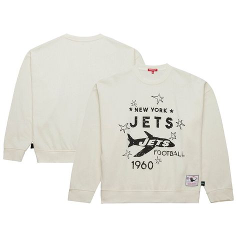 Channel classic New York Jets style with the Mitchell & Ness Throwback Logo 3.0 Pullover Sweatshirt. This officially licensed sweatshirt features a distressed screen print of the New York Jets throwback logo, team name, and inaugural year on the front, giving it a vintage look.  Plus, its midweight design and crew neckline make it perfect for moderate temperatures, ensuring you stay warm and comfortable while representing your team. Gameday Couture, Half Zip Jacket, Quarter Zip Jacket, Hoodie Green, Team Name, New York Jets, Casual Winter Outfits, Pullover Jacket, Quarter Zip Pullover