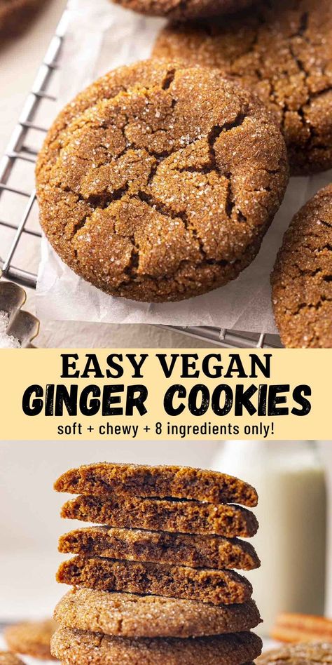 These chewy and soft vegan ginger cookies with crispy edges and lots of ginger flavor. They're easy to make, use only 8 pantry ingredients and come together in one bowl. Rainbow Nourishments, Vegan Apple Bread, Vegan Ginger Cookies, Vegan Molasses Cookies, Easy Lemon Loaf, Vegan Brioche, Vegan Holiday Cookies, Vegan Christmas Desserts, Vegan Pumpkin Cookies