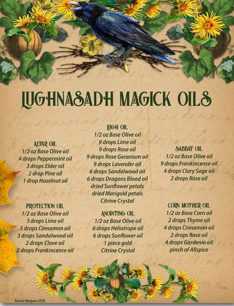 These oil recipes are wonderful for ritual use, or make some up to give as Sabbat gifts. Use the oils for anointing candles and tools, adding to ritual bath water, etc. Each oil is specially formulated to align with the energies of the season. Oil Recipes Witchcraft, Lammas Altar, Angel Numbers Poster, Magick Oil, Dried Sunflowers, Candle Magic Spells, Numbers Poster, Angel Posters, Pagan Festivals