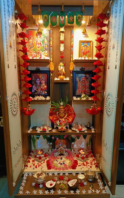 Hindu Puja Room, Puja Ghar Decoration Ideas, Pooja Shelf Ideas Indian, Small Puja Room Ideas, Puja Room Decoration Ideas, House Temple Design Indian, Small Pooja Room Ideas, Small Pooja Unit, Pooja Shelf