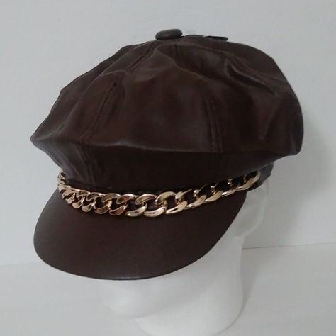 Marcus Adler Brown Pu Leather Motorcycle Newsboy Hat Front Gold Tone Chain 8 Panels 2” Brim 100% Pu Leather Circumference 22.5” Approx. Do Not Wash Png Accessories, Brown Leather Hat, Hat Aesthetic, Brown Accessories, Newsboy Hat, Fall Hats, Brown Hats, Future Outfit, 2000s Fashion Outfits