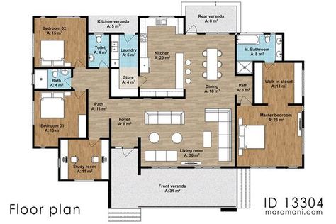 Plan Description This contemporary 3 bedroom house plan is the perfect home for the modern family. A parapet wall on the front side of the house conceals the roofing sheets giving it a sleek look with straight clean lines adding to the modern style of the design. A generous front verandah invites you directly into the foyer that has the living room on the right side and a study, and 2 bedrooms for the kids with a shared bathroom on the left side. From the living room, there is direct access to t 2 Floor 3 Bedroom House Plans, House Plan With Outdoor Kitchen, Japanese Floor Plan, 3 Room House Plan, 3 Bedroom Plan, 3 Bedroom House Plan, Inspirational Architecture, Small House Blueprints, Bedroom Plan