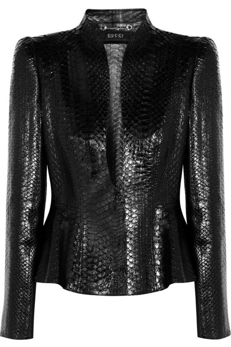 Low plunging black snakeskin jacket by Gucci. Peplum Jacket, Couture Mode, Leather Outfit, Coats And Jackets, Black Jacket, Leather Jackets, Python, Leather Fashion, Passion For Fashion