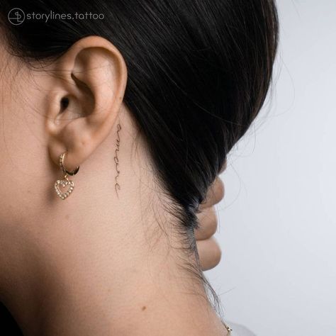 Amore Tattoo Behind Ear, Amor Tattoo Behind Ear, Amore Neck Tattoo, Behind Ear Tattoo Writing, Amor Neck Tattoo, Behind Ear Tats Words, Writing Behind Ear Tattoo, Behind Ear Tattoo Words, Tatoos Behind Ear