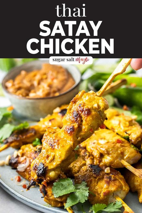 Thai chicken satay is skewers of spiced grilled chicken served with a thick and rich peanut sauce. Amazingly simple to make, you’ll be blown away by the authentic flavour. Satay Marinade, Thai Satay, Chicken Satay With Peanut Sauce, Satay Skewers, Thai Chicken Satay, Sauce Satay, Chicken Satay Skewers, Chicken Satay Recipe, Satay Recipe