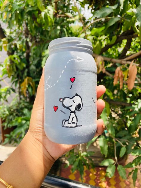 #snoopy #diybottlecrafts Mini Bottle Art Painting, Jar Painting Aesthetic, Jar Painting Ideas Cute Easy, Painted Jars Aesthetic, Aesthetic Bottle Painting, Aesthetic Bottle Art, Mini Bottle Painting, Jar Painting Ideas Cute, Jar Painting Ideas