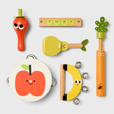 This Fruit & Veggie Instrument Set from Gigglescape™ is perfect for introducing your little one to music. Made in the shape of fruits and vegetables, this six-instrument set includes a carrot slide whistle, apple tambourine, banana bell shaker and more. These instruments let them play with rhythmic tones, sound patterns and volume with each individual fruit and vegetable. Plus, this set comes with a colorful storage bag that makes cleaning up after playtime easy. Gigglescape™: Where play starts Kids Instruments, Toy Piano, Toy Instruments, Colorful Storage, Toys For Toddlers, Music Toys, Indoor Toys, Tambourine, Musical Toys