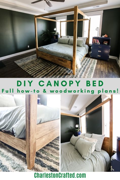 Homemade Canopy, Four Poster Canopy Bed, Post Bed Frame, Queen Size Canopy Bed, Four Poster Beds, Woodworking Project Ideas, Four Post Bed, Wood Canopy Bed, Canopy Bed Diy