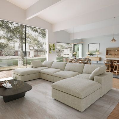 Sofa classic style, sofa filled with sponge, down, very comfortable. Latitude Run® Body Fabric: Khaki Linen Blend | Latitude Run® Ellerie 6 - Piece Upholstered Sectional White/Brown 33.0 x 160.6 x 40.15 in | NDEK1841_94517388 | Wayfair Canada U Shaped Couch, Sofa With Ottoman, U Shaped Sectional Sofa, Couch With Ottoman, Upholstered Couch, Home Contemporary, Minimalist Sofa, Living Room Sofa Set, U Shaped Sofa