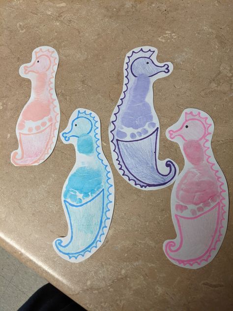 Infant Water Crafts, Footprint Sea Creatures, Seahorse Footprint Art, Ocean Life Art For Toddlers, Sea Animal Handprint Craft, Ocean Animals Art For Toddlers, Ocean Infant Crafts, Blue Handprint Craft, Octopus Footprint Art