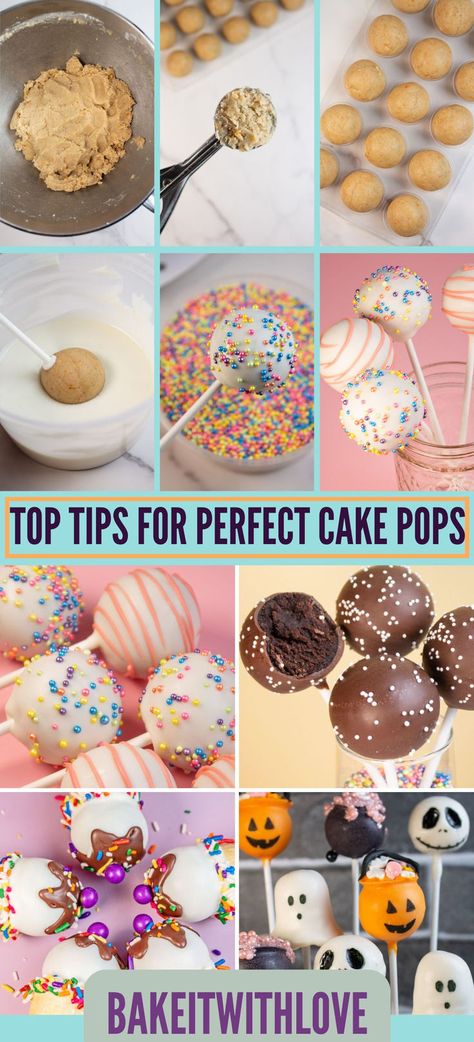 Multiple images showing a variety of cake pops and the cake pop-making process. Cake Pops Ideas Decorating Cute, Easy Valentines Cake Pops, Cake Pops Tips, Cake Pops New Years, Cake Pops With Cake Mix Boxes, Icing For Cake Pops, How To Make Cake Pops Step By Step, How To Make Cake Pops Easy, How To Make Cake Pops