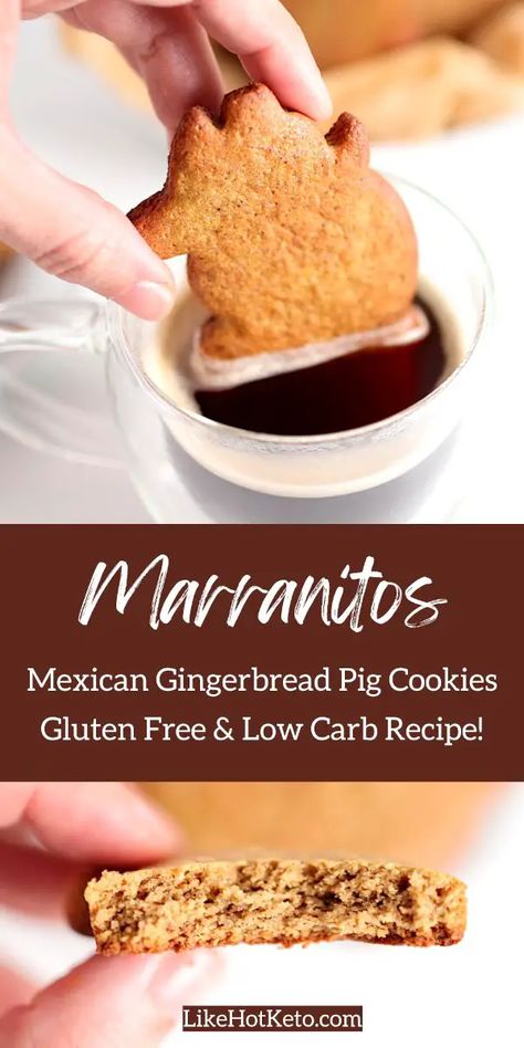 Marranitos (aka puerquitos or cochinitos de piloncillo) is a delicious Mexican pan dulce that tastes like a soft gingerbread cookie. These pig-shaped cookies are the perfect low-carb and gluten-free treat! With the same spicy-sweet flavor and fluffy texture, you won't even miss the traditional ingredients. This keto and sugar-free marranitos recipe from LikeHotKeto.com is made with almond flour, pea protein and natural sweeteners, so you can indulge guilt-free! Marranitos Recipe, Mexican Pan Dulce, Soft Gingerbread, Low Carb Gluten Free Recipes, Pig Cookies, Soft Gingerbread Cookies, Gluten Free Vegetarian Recipes, Pan Sin Gluten, Best Christmas Recipes