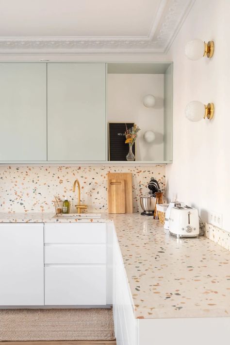 Terrazzo Kitchen Countertops, Kitchen Terrazzo, Terrazzo Countertop, Terrazzo Kitchen, Greige Kitchen, Colorful Terrazzo, Pastel Kitchen, Flat Panel Cabinets, Kitchen Room Design